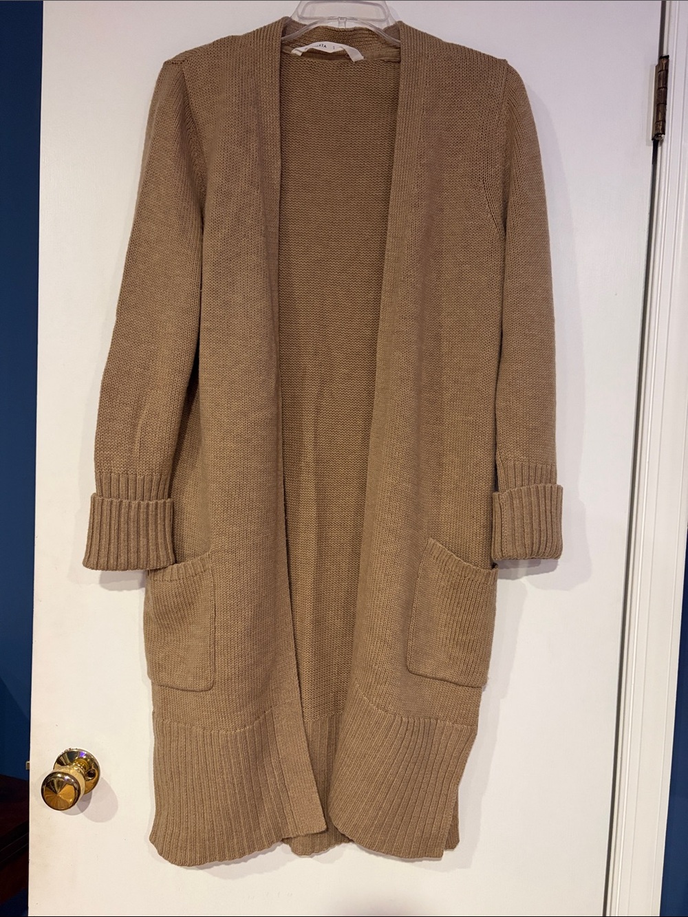Athleta Open Front Long Duster Cardigan Sweater Camel Tan Pockets